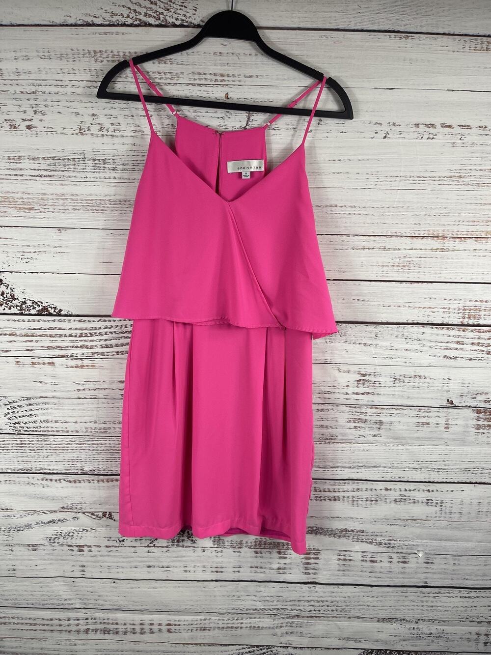 Adelyn Rae Dress Women's SZ Medium Pink Spaghetti Strap Overlay V Neck Cocktail